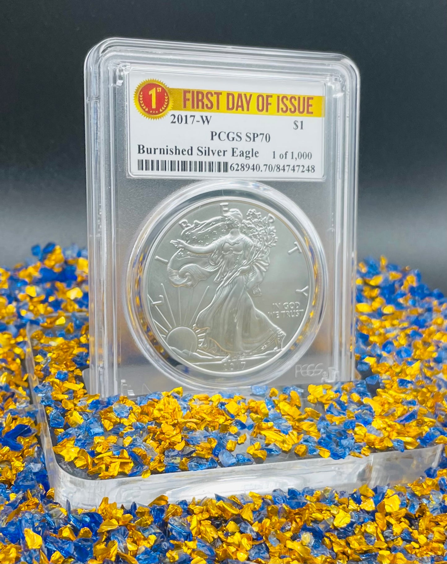 Burnished 2017 (W) $1 American Silver Eagle PCGS SP70 First Day of Issue Rare Label Mint Condition (1 of 1,000)