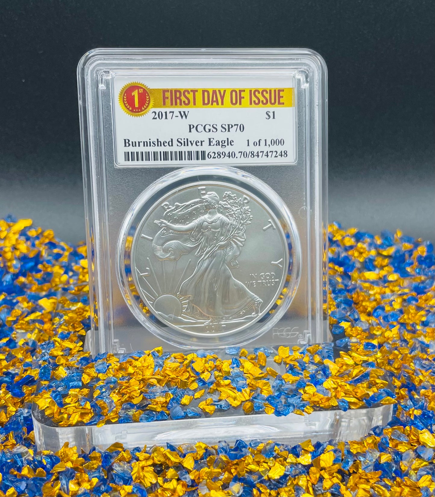 Burnished 2017 (W) $1 American Silver Eagle PCGS SP70 First Day of Issue Rare Label Mint Condition (1 of 1,000)