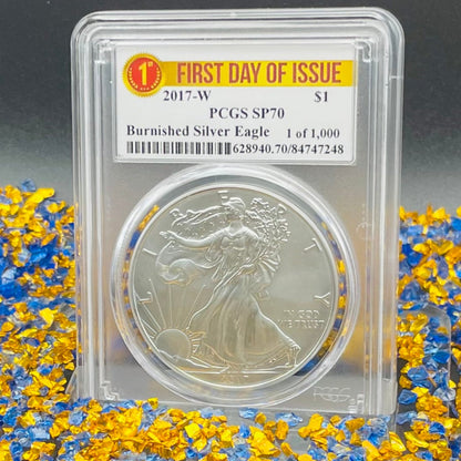 Burnished 2017 (W) $1 American Silver Eagle PCGS SP70 First Day of Issue Rare Label Mint Condition (1 of 1,000)