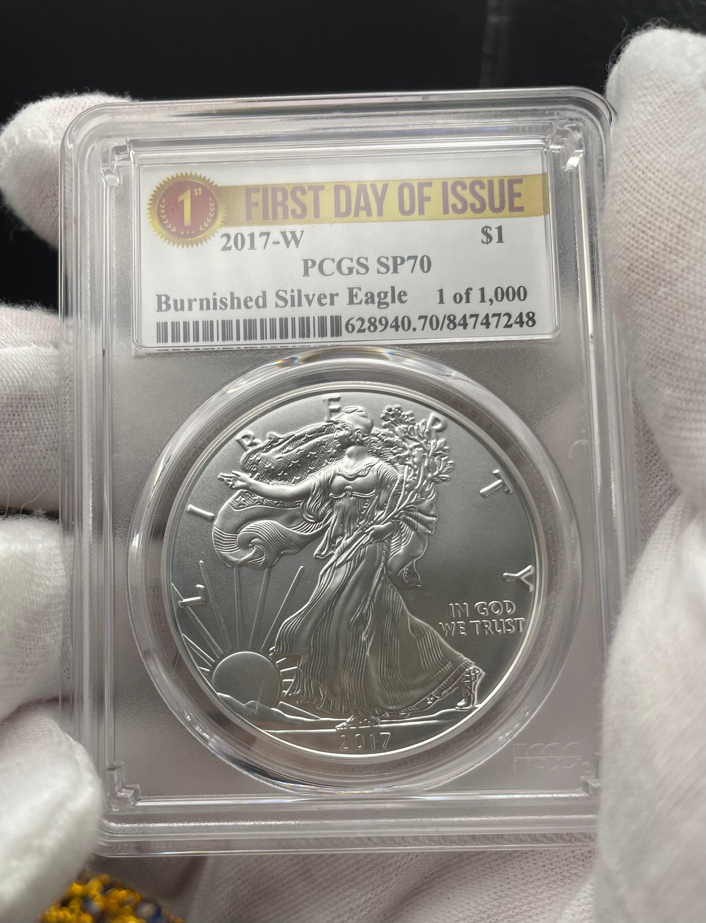 Burnished 2017 (W) $1 American Silver Eagle PCGS SP70 First Day of Issue Rare Label Mint Condition (1 of 1,000)