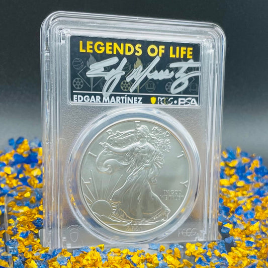 2021 $1 American Silver Eagle PCGS MS70 T-1 Emergency Issue Legends of Life MLB Hall of Fame Edgar Martinez Signed Label (Rare 1 of 150)