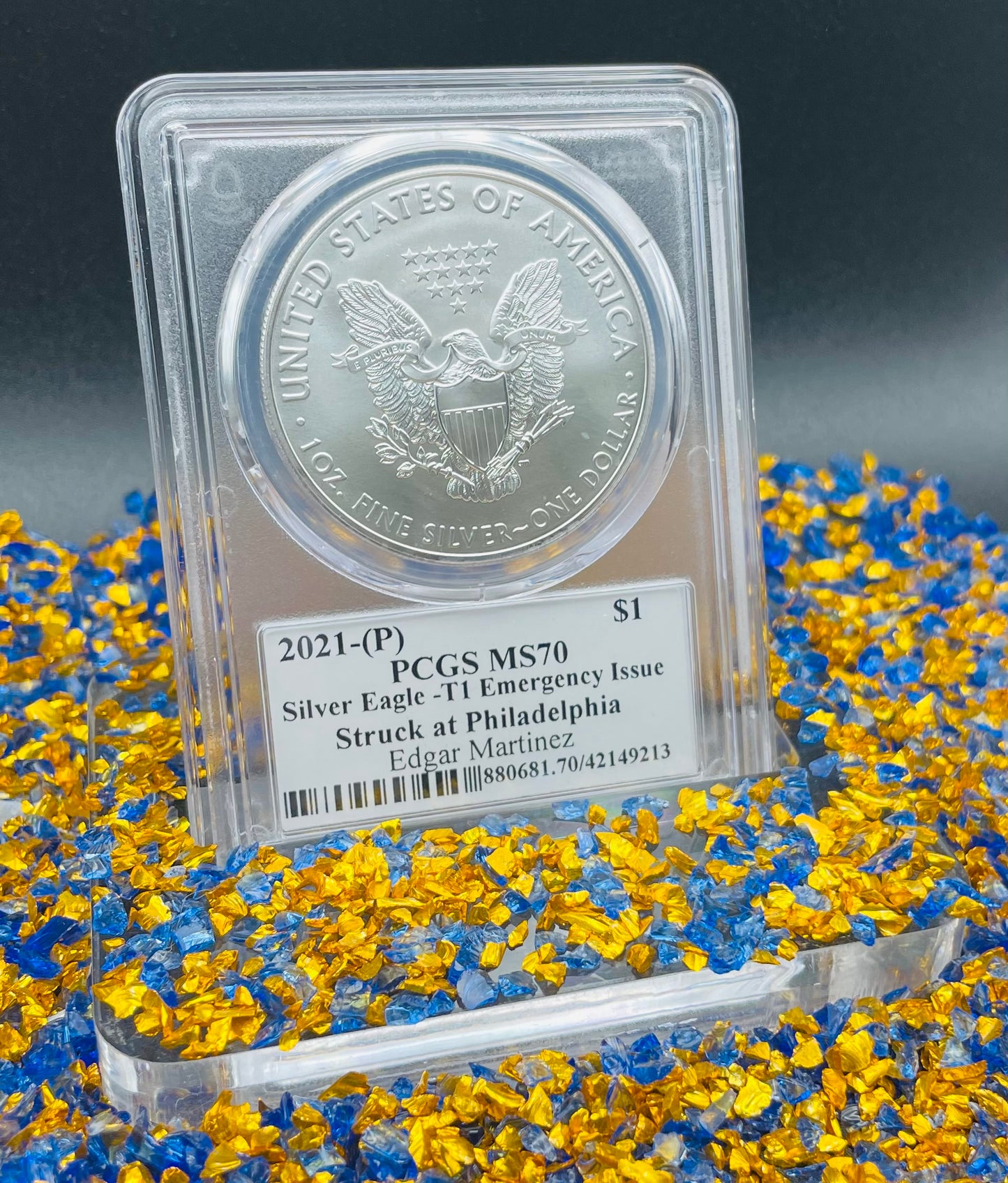 2021 $1 American Silver Eagle PCGS MS70 T-1 Emergency Issue Legends of Life MLB Hall of Fame Edgar Martinez Signed Label (Rare 1 of 150)