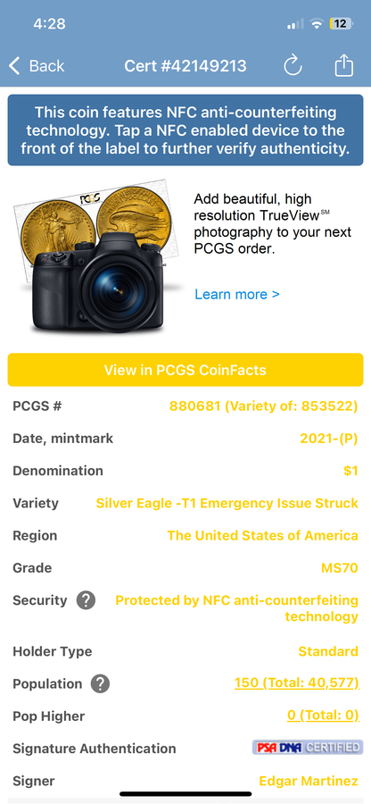 2021 $1 American Silver Eagle PCGS MS70 T-1 Emergency Issue Legends of Life MLB Hall of Fame Edgar Martinez Signed Label (Rare 1 of 150)