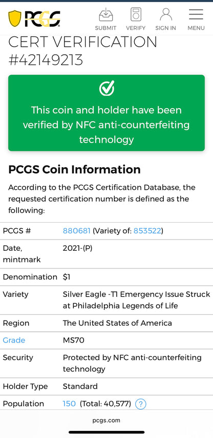 2021 $1 American Silver Eagle PCGS MS70 T-1 Emergency Issue Legends of Life MLB Hall of Fame Edgar Martinez Signed Label (Rare 1 of 150)