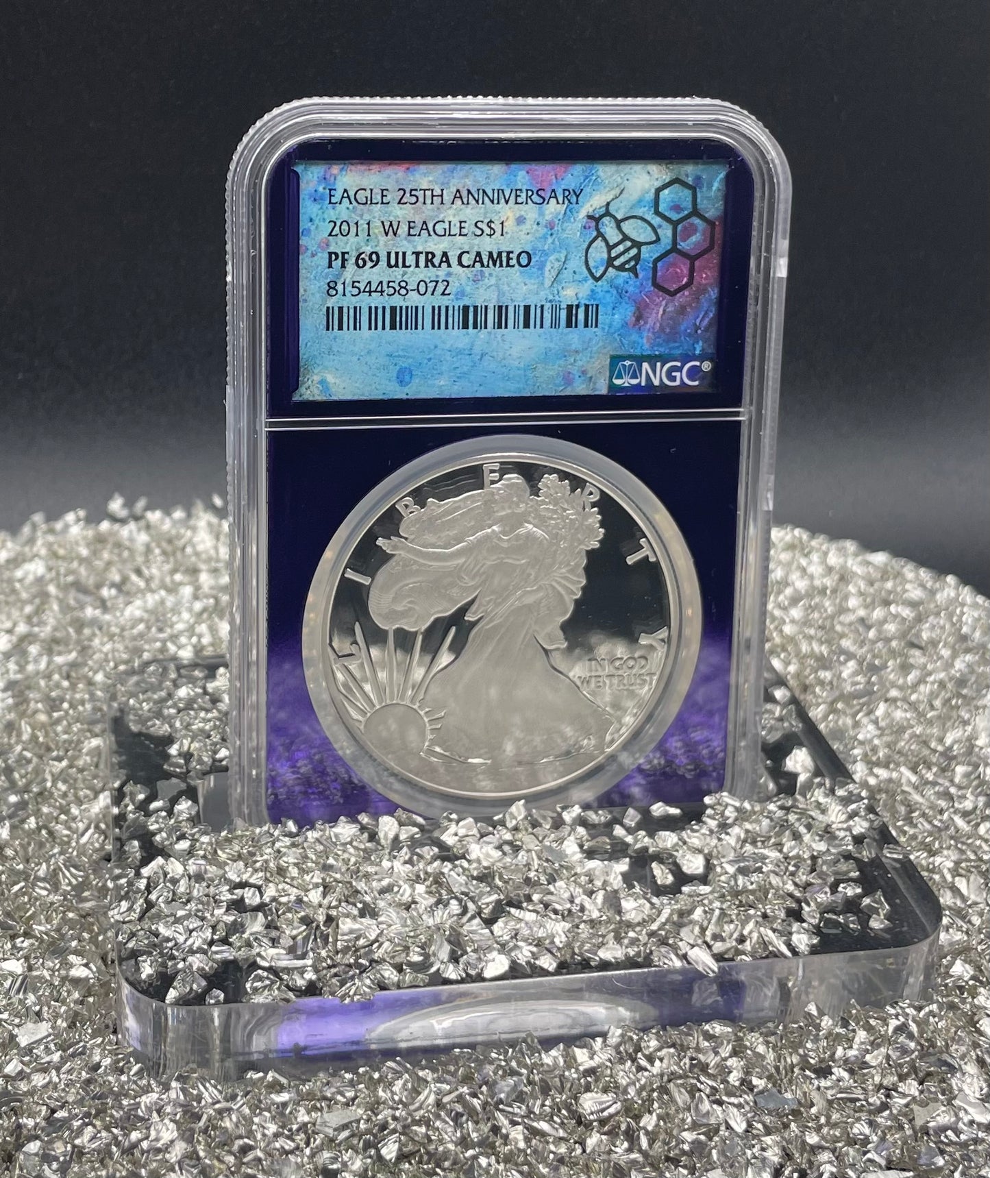 Proof 2011 (W) $1 American Silver Eagle NGC PF69 25th Anniversary Label Trader Bea Private Issue Purple Foil Holder
