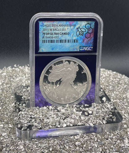 Proof 2011 (W) $1 American Silver Eagle NGC PF69 25th Anniversary Label Trader Bea Private Issue Purple Foil Holder
