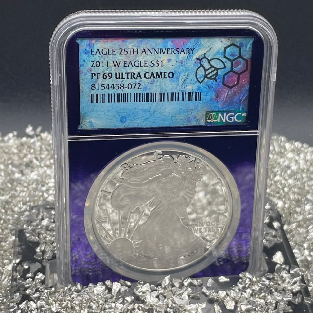 Proof 2011 (W) $1 American Silver Eagle NGC PF69 25th Anniversary Label Trader Bea Private Issue Purple Foil Holder