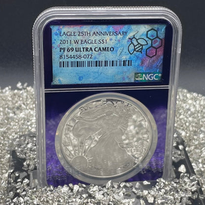 Proof 2011 (W) $1 American Silver Eagle NGC PF69 25th Anniversary Label Trader Bea Private Issue Purple Foil Holder