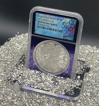 Proof 2011 (W) $1 American Silver Eagle NGC PF69 25th Anniversary Label Trader Bea Private Issue Purple Foil Holder