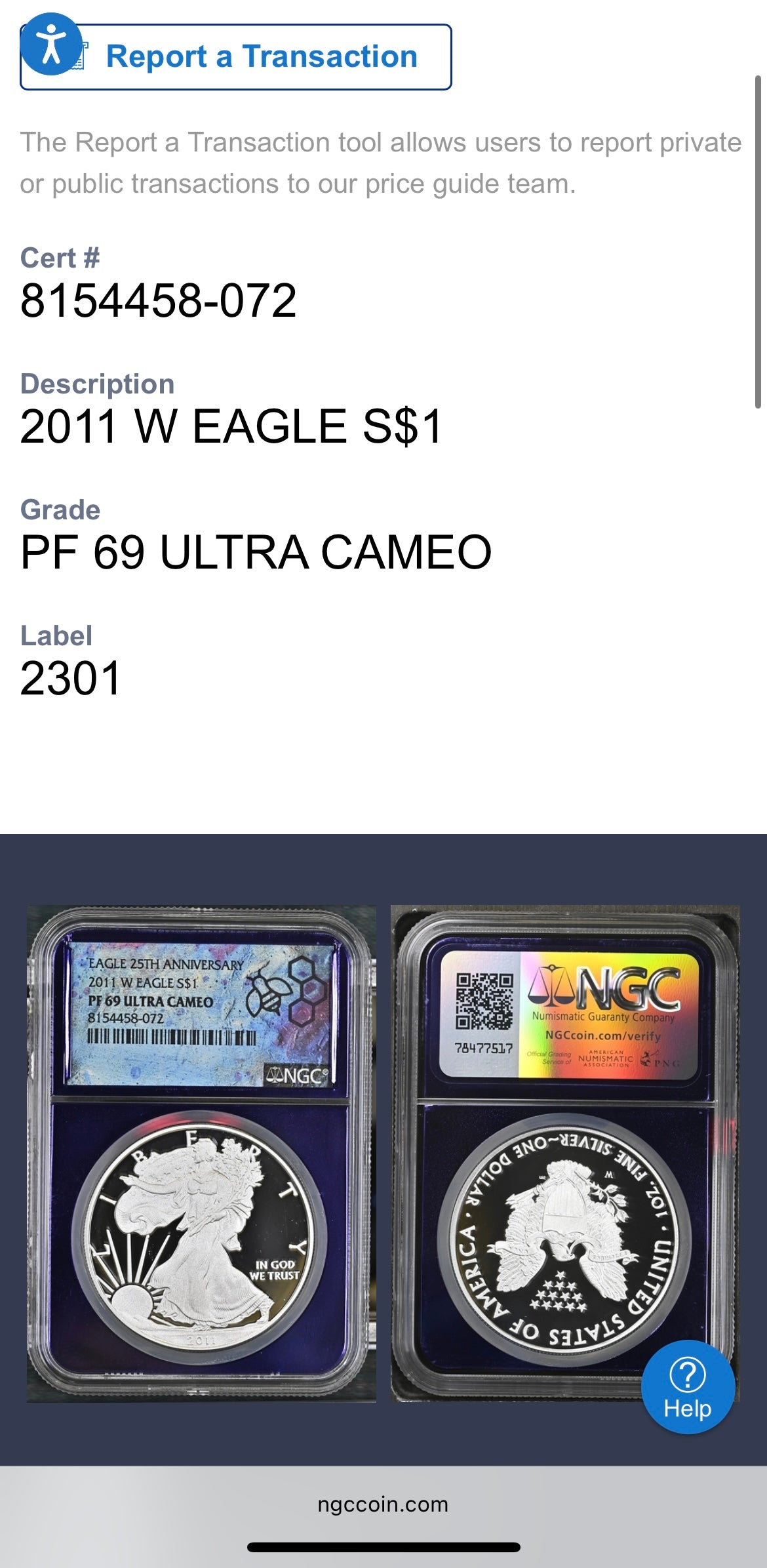 Proof 2011 (W) $1 American Silver Eagle NGC PF69 25th Anniversary Label Trader Bea Private Issue Purple Foil Holder