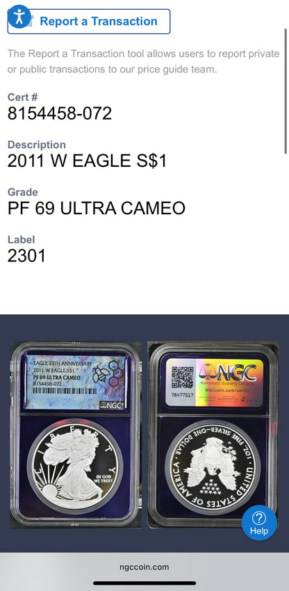 Proof 2011 (W) $1 American Silver Eagle NGC PF69 25th Anniversary Label Trader Bea Private Issue Purple Foil Holder