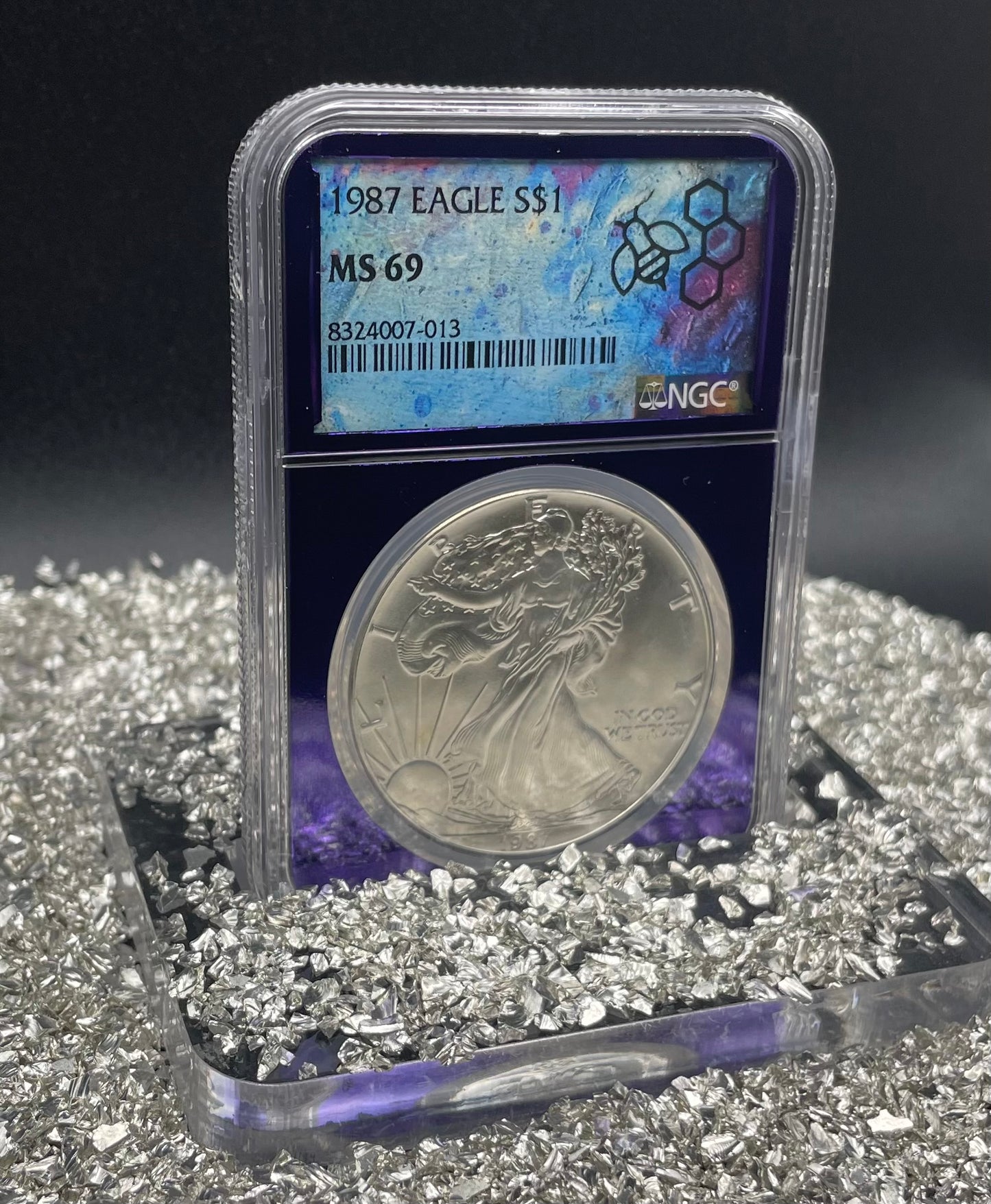1987 $1 American Silver Eagle NGC MS69 Rare Purple Holder Trader Bea Private Issue