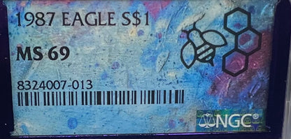 1987 $1 American Silver Eagle NGC MS69 Rare Purple Holder Trader Bea Private Issue