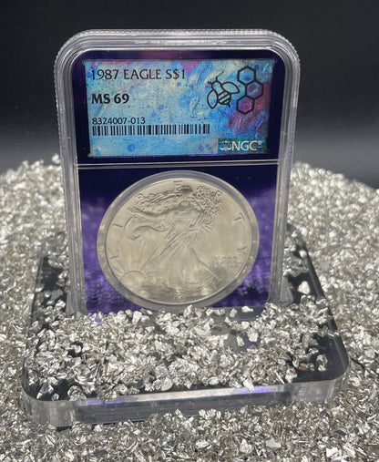 1987 $1 American Silver Eagle NGC MS69 Rare Purple Holder Trader Bea Private Issue