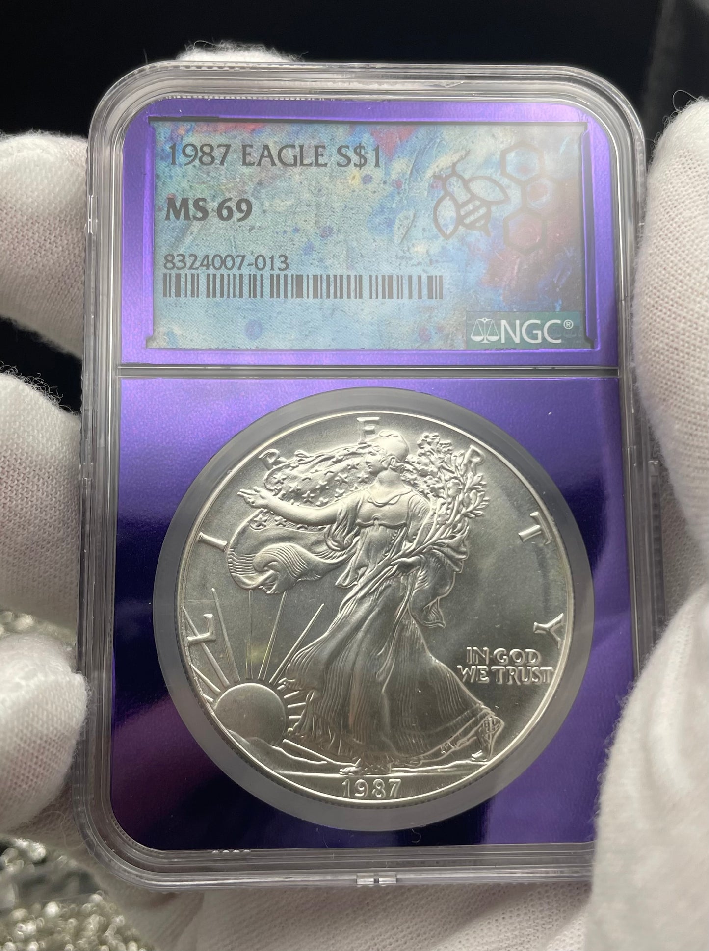 1987 $1 American Silver Eagle NGC MS69 Rare Purple Holder Trader Bea Private Issue