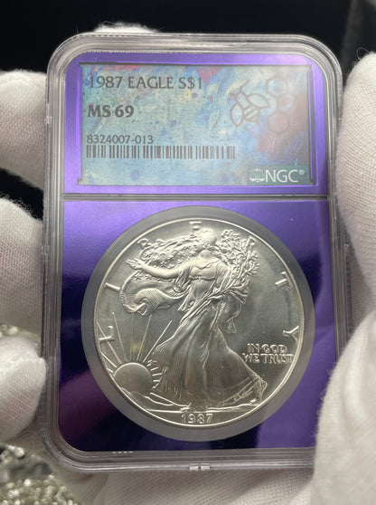 1987 $1 American Silver Eagle NGC MS69 Rare Purple Holder Trader Bea Private Issue