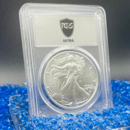 Burnished 2022 (W) $1 American Silver Eagle PCGS SP70 US Mint Private Auction Ultra Breaks Silver Foil Label Mint Condition (1 of 1,335)