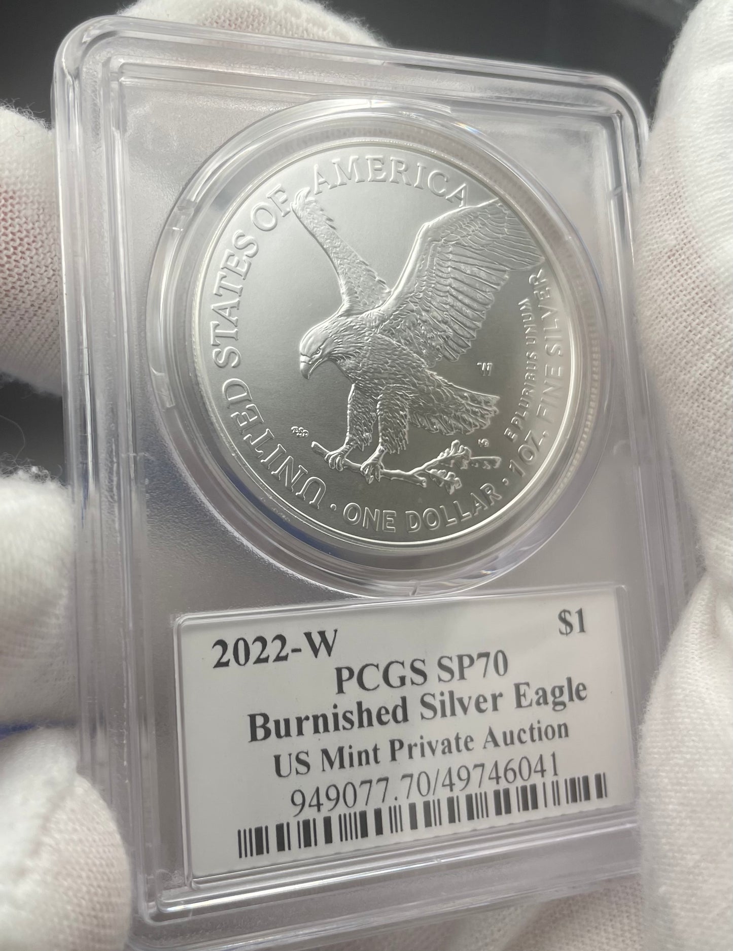 Burnished 2022 (W) $1 American Silver Eagle PCGS SP70 US Mint Private Auction Ultra Breaks Silver Foil Label Mint Condition (1 of 1,335)