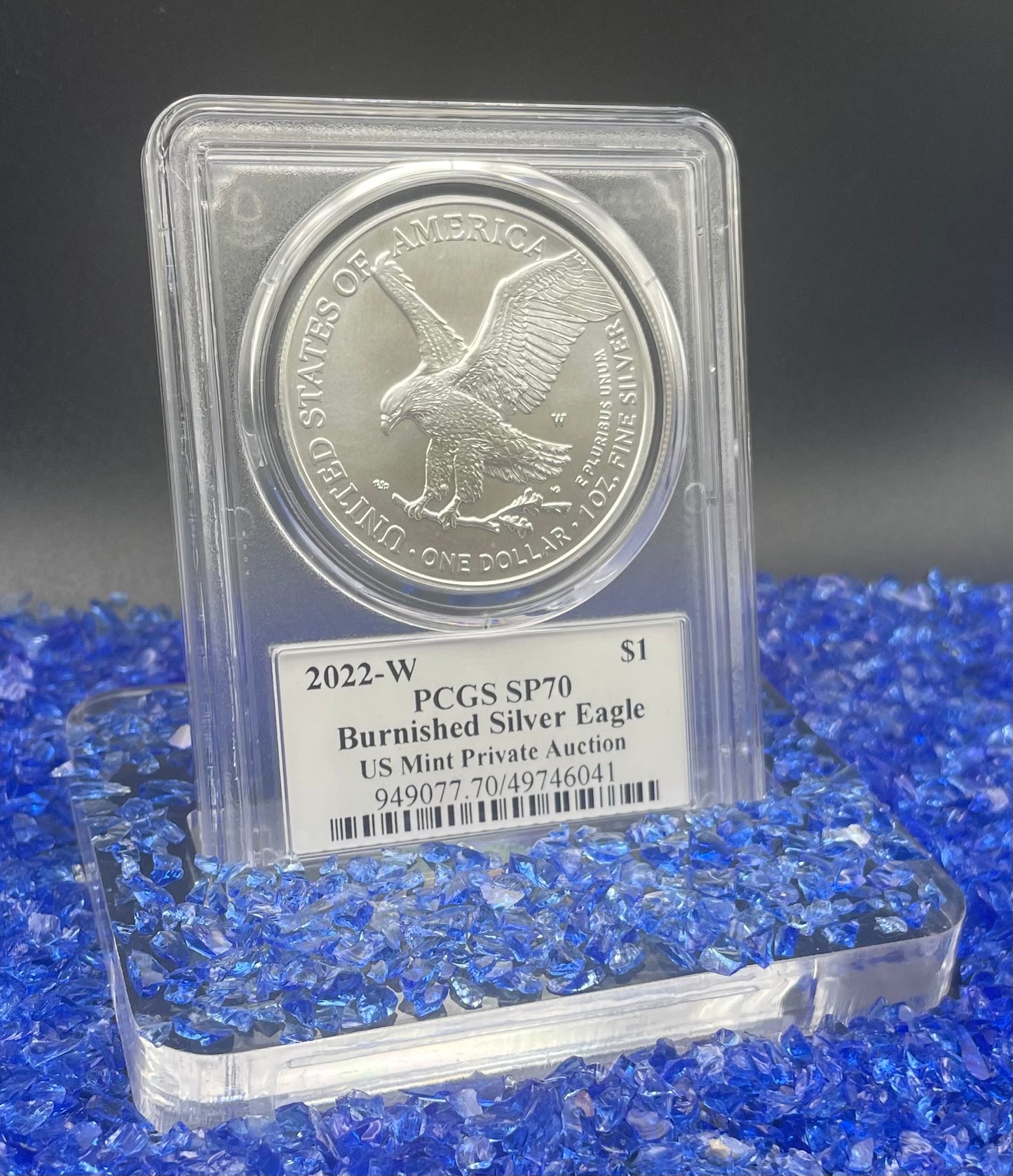 Burnished 2022 (W) $1 American Silver Eagle PCGS SP70 US Mint Private Auction Ultra Breaks Silver Foil Label Mint Condition (1 of 1,335)