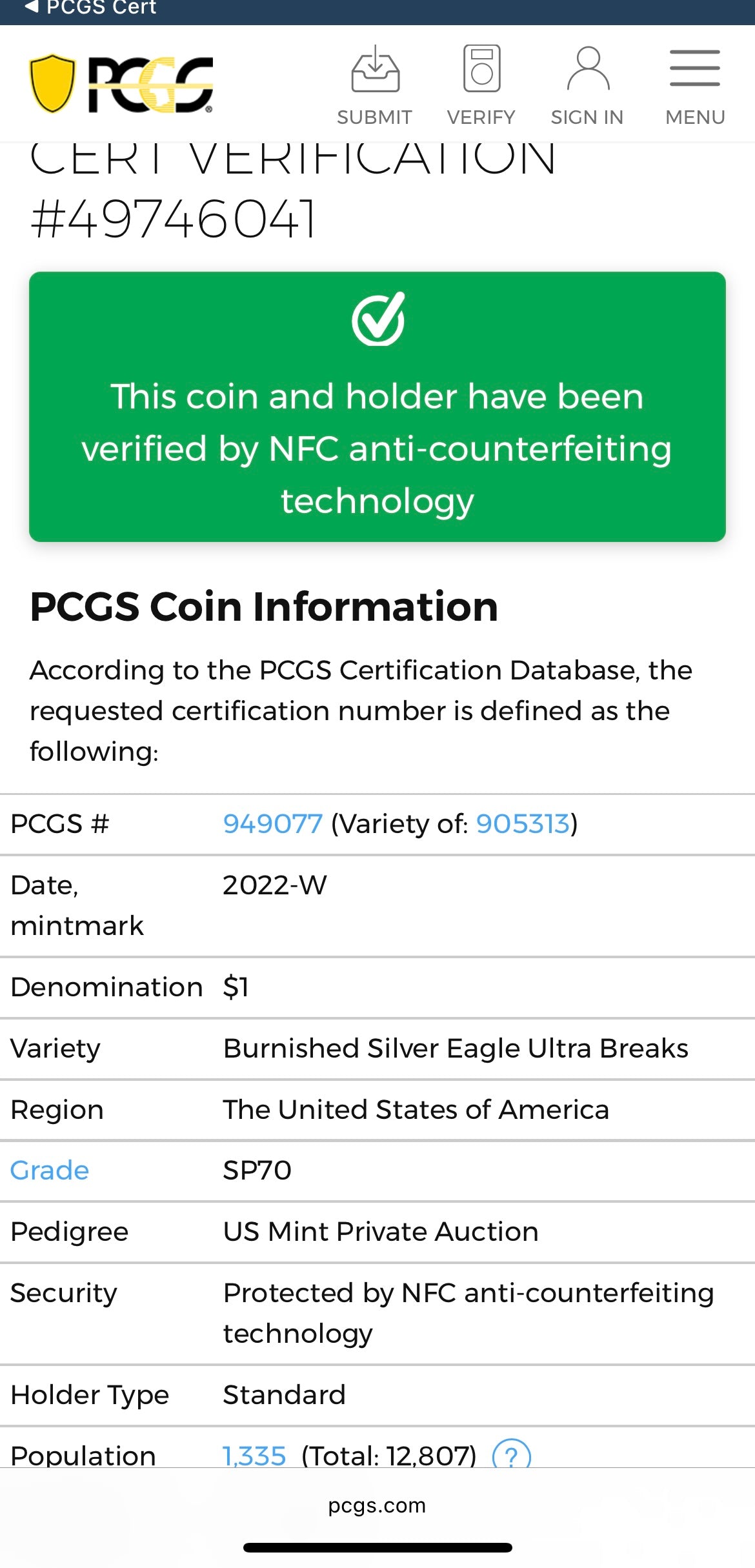 Burnished 2022 (W) $1 American Silver Eagle PCGS SP70 US Mint Private Auction Ultra Breaks Silver Foil Label Mint Condition (1 of 1,335)