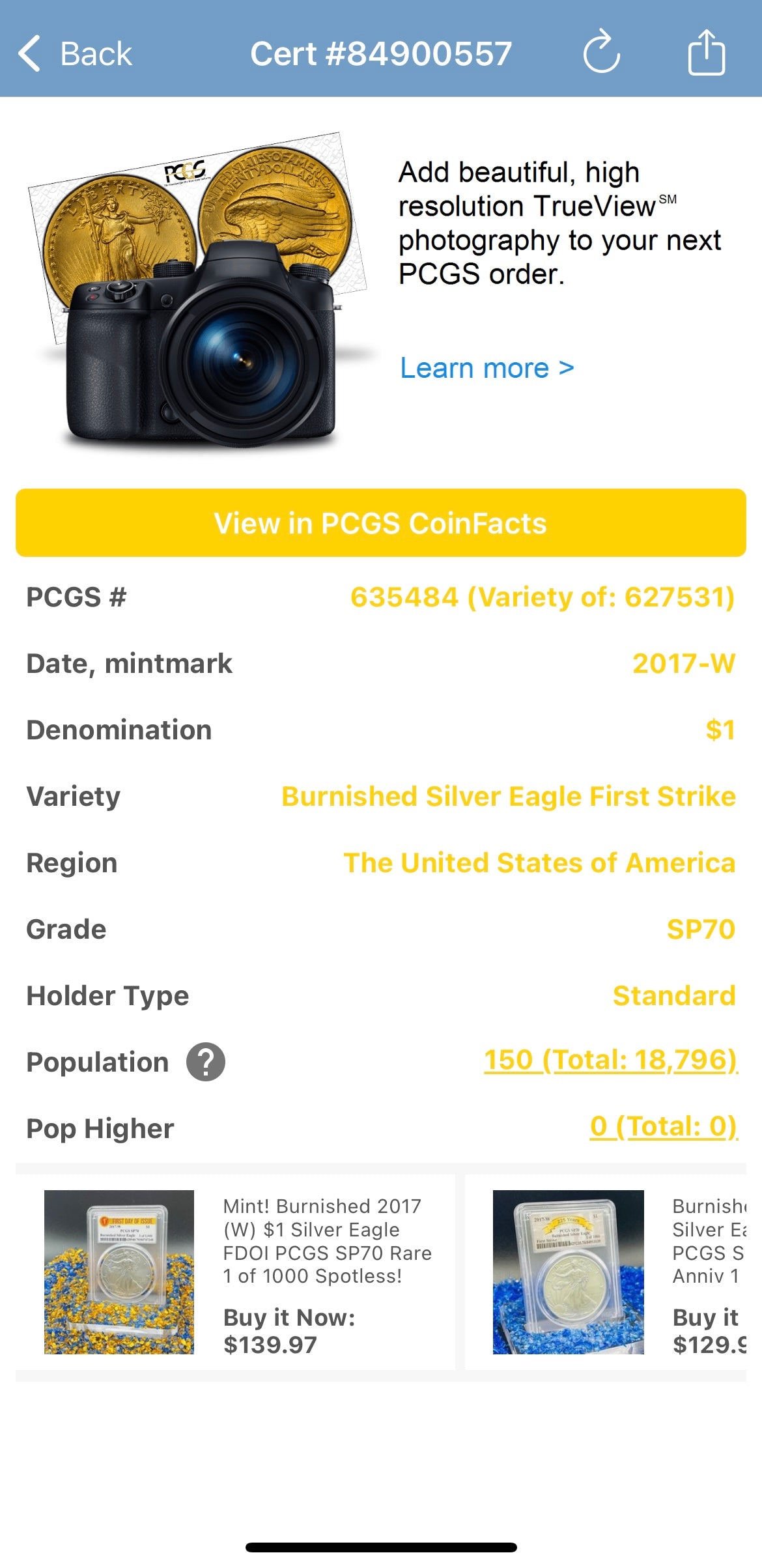 Burnished 2017 (W) $1 American Silver Eagle PCGS SP70 First Strike Thomas S. Cleveland Signed Label Mint Condition (1 of 150)