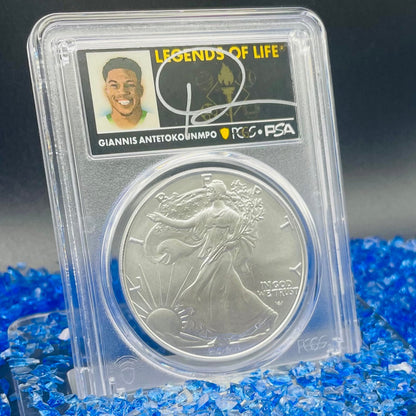 2024 $1 American Silver Eagle PCGS MS70 FS Legends of Life NBA Hall of Fame Giannis Antetokounmpo Signed Label. Mint Condition (Rare 1 of 45)
