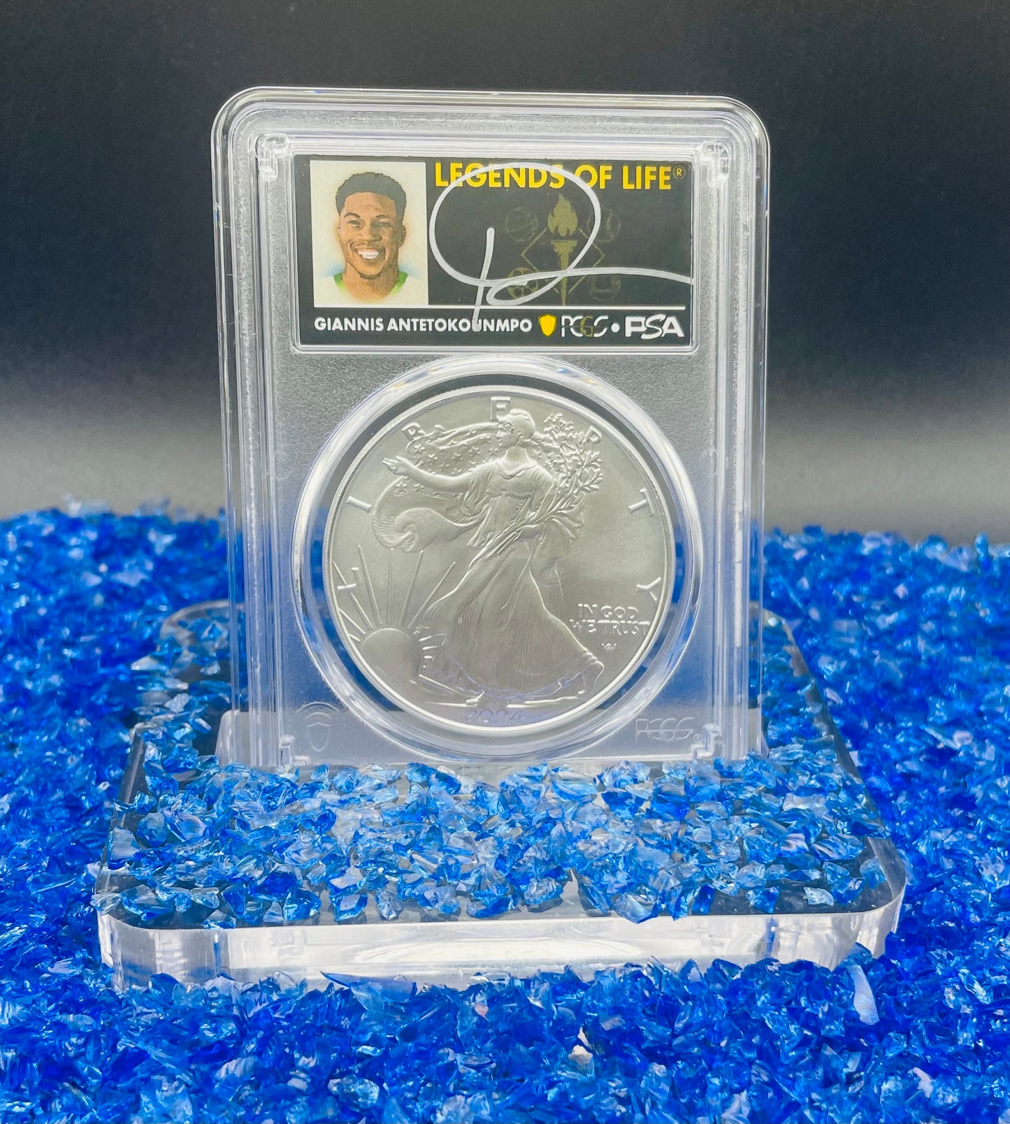2024 $1 American Silver Eagle PCGS MS70 FS Legends of Life NBA Hall of Fame Giannis Antetokounmpo Signed Label. Mint Condition (Rare 1 of 45)