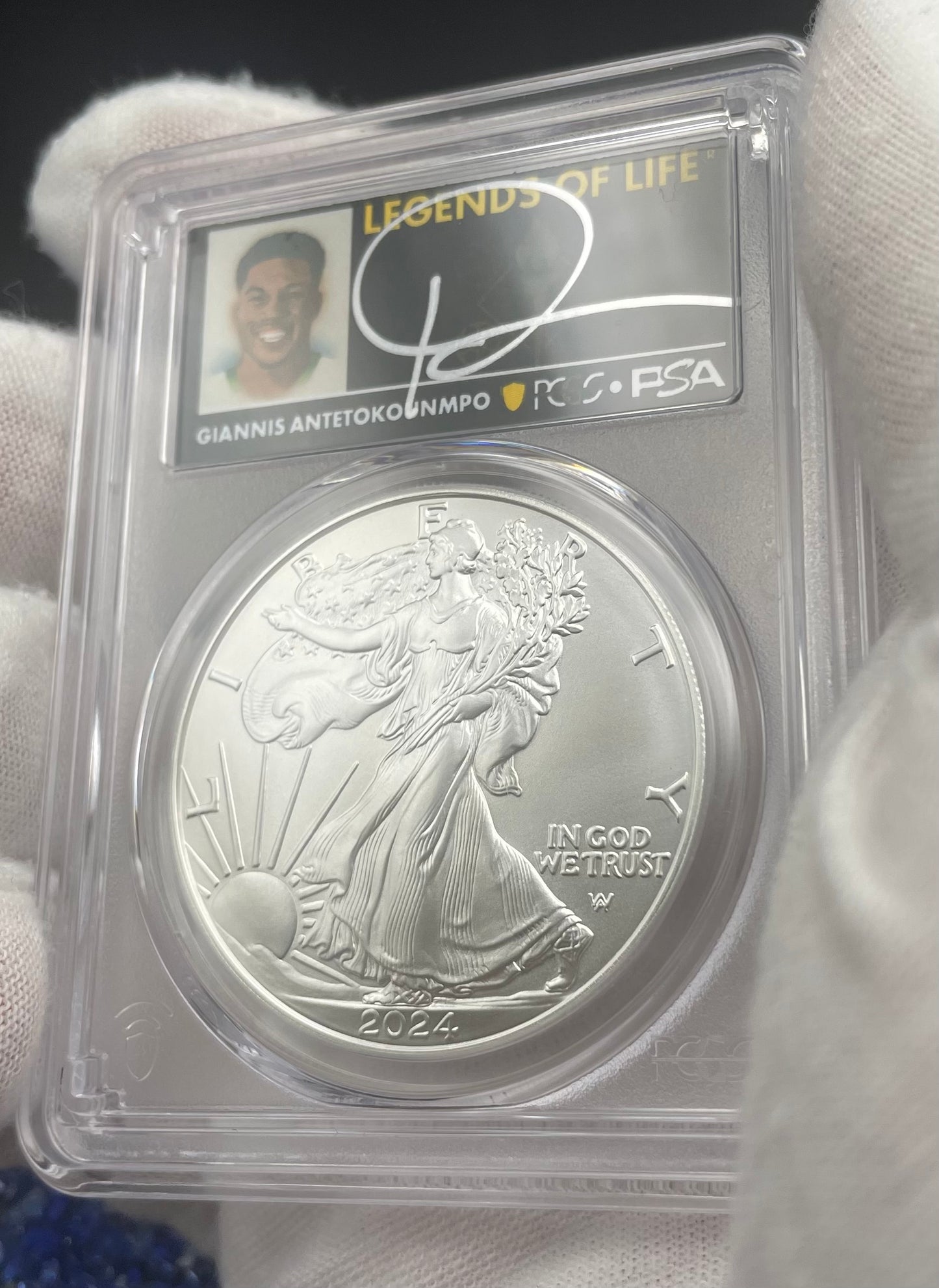 2024 $1 American Silver Eagle PCGS MS70 FS Legends of Life NBA Hall of Fame Giannis Antetokounmpo Signed Label. Mint Condition (Rare 1 of 45)