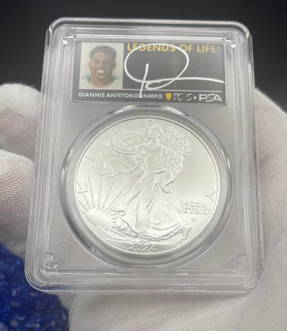 2024 $1 American Silver Eagle PCGS MS70 FS Legends of Life NBA Hall of Fame Giannis Antetokounmpo Signed Label. Mint Condition (Rare 1 of 45)