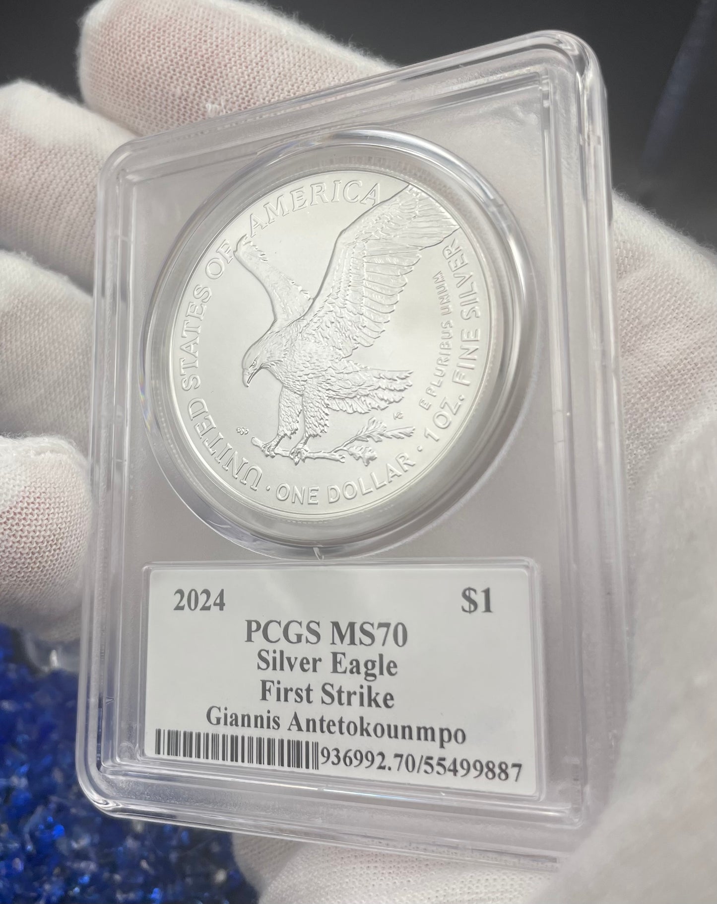 2024 $1 American Silver Eagle PCGS MS70 FS Legends of Life NBA Hall of Fame Giannis Antetokounmpo Signed Label. Mint Condition (Rare 1 of 45)