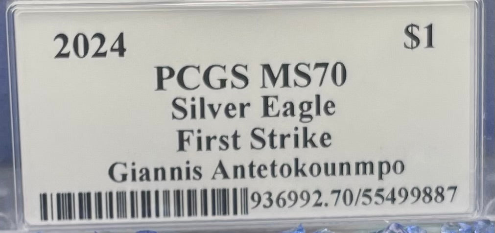 2024 $1 American Silver Eagle PCGS MS70 FS Legends of Life NBA Hall of Fame Giannis Antetokounmpo Signed Label. Mint Condition (Rare 1 of 45)
