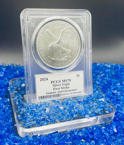 2024 $1 American Silver Eagle PCGS MS70 FS Legends of Life NBA Hall of Fame Giannis Antetokounmpo Signed Label. Mint Condition (Rare 1 of 45)