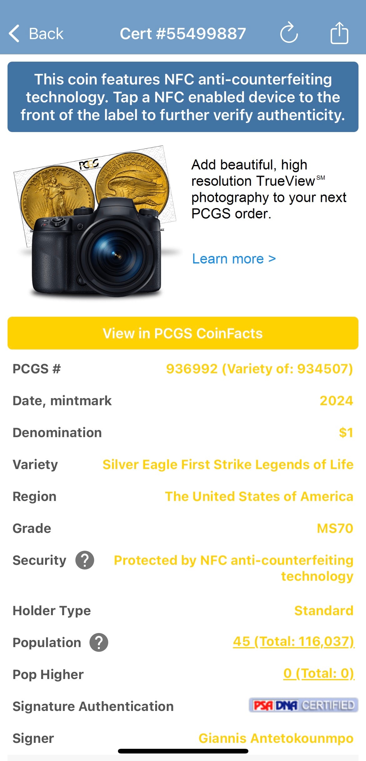 2024 $1 American Silver Eagle PCGS MS70 FS Legends of Life NBA Hall of Fame Giannis Antetokounmpo Signed Label. Mint Condition (Rare 1 of 45)