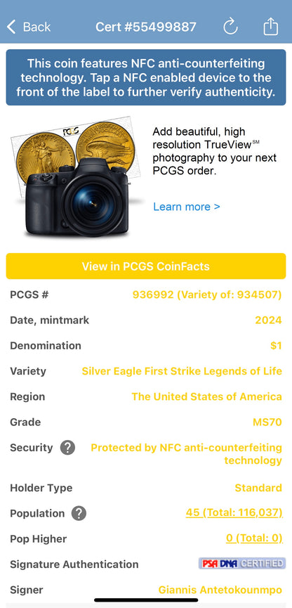 2024 $1 American Silver Eagle PCGS MS70 FS Legends of Life NBA Hall of Fame Giannis Antetokounmpo Signed Label. Mint Condition (Rare 1 of 45)