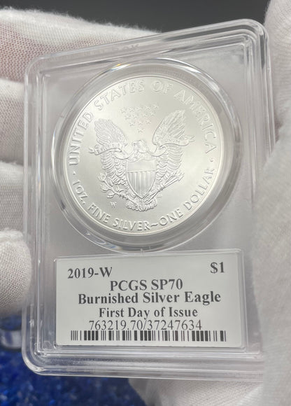 Burnished 2019 (W) $1 American Silver Eagle PCGS SP70 First Strike U.S. Mint AIP Master Designer Blue Label Signed by Thomas S. Cleveland Mint Condition (1 of 150)