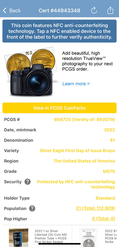 2022 $1 American Silver Eagle PCGS MS70 FDOI MLB Bruce Sutter Signed Label Mint Condition (Rare 1 of 21)