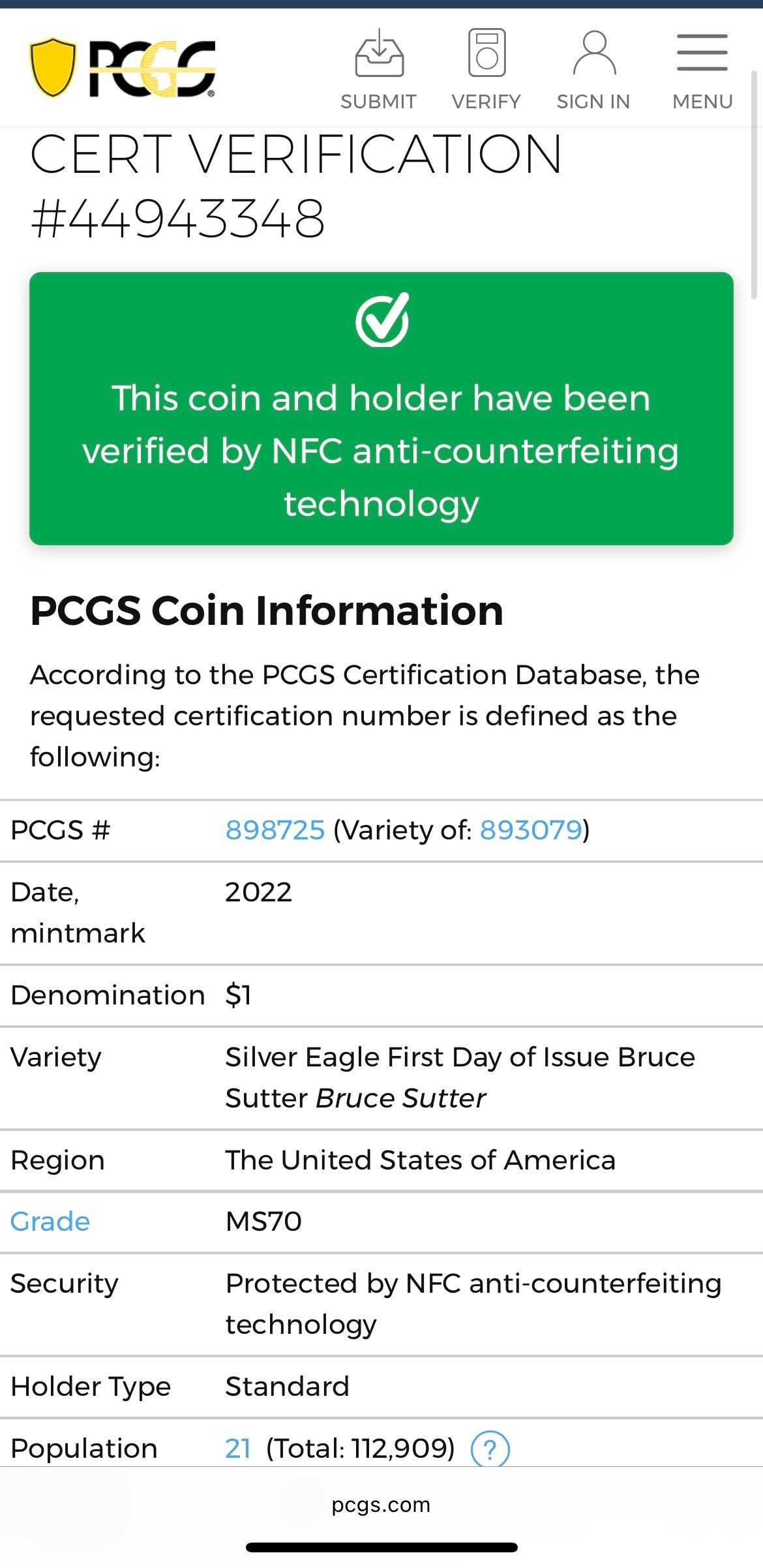 2022 $1 American Silver Eagle PCGS MS70 FDOI MLB Bruce Sutter Signed Label Mint Condition (Rare 1 of 21)