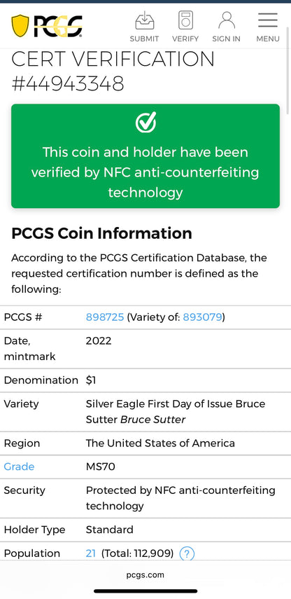 2022 $1 American Silver Eagle PCGS MS70 FDOI MLB Bruce Sutter Signed Label Mint Condition (Rare 1 of 21)