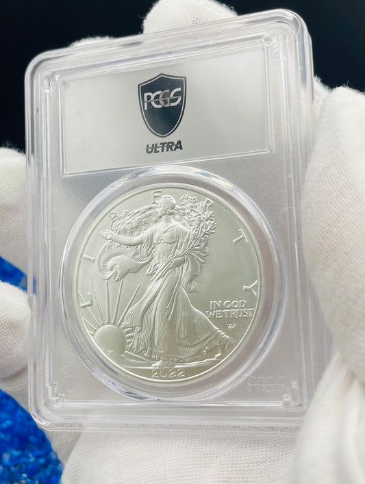 Burnished 2022 (W) $1 American Silver Eagle PCGS SP70 US Mint Private Auction Ultra Breaks Silver Foil Label Mint Condition (1 of 1,335)