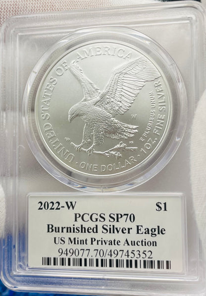 Burnished 2022 (W) $1 American Silver Eagle PCGS SP70 US Mint Private Auction Ultra Breaks Silver Foil Label Mint Condition (1 of 1,335)