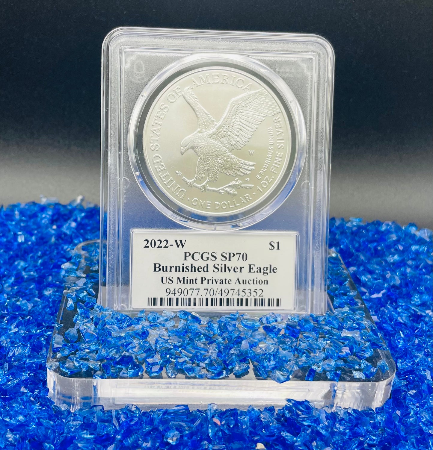Burnished 2022 (W) $1 American Silver Eagle PCGS SP70 US Mint Private Auction Ultra Breaks Silver Foil Label Mint Condition (1 of 1,335)