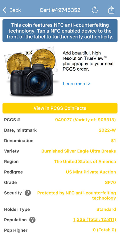 Burnished 2022 (W) $1 American Silver Eagle PCGS SP70 US Mint Private Auction Ultra Breaks Silver Foil Label Mint Condition (1 of 1,335)