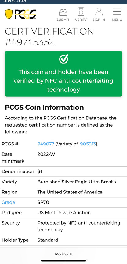 Burnished 2022 (W) $1 American Silver Eagle PCGS SP70 US Mint Private Auction Ultra Breaks Silver Foil Label Mint Condition (1 of 1,335)