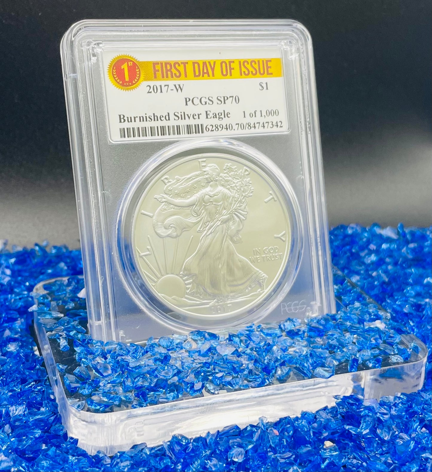 Burnished 2017 (W) $1 American Silver Eagle PCGS SP70 First Day of Issue Rare Label Mint Condition (1 of 1,000)
