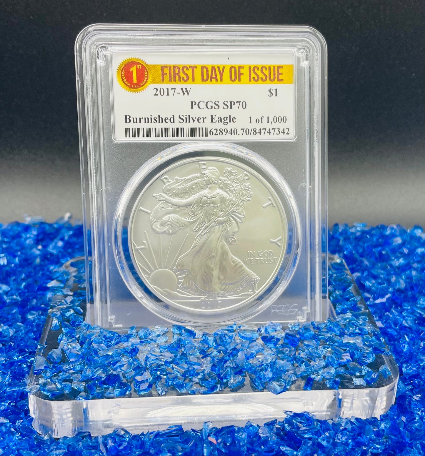 Burnished 2017 (W) $1 American Silver Eagle PCGS SP70 First Day of Issue Rare Label Mint Condition (1 of 1,000)