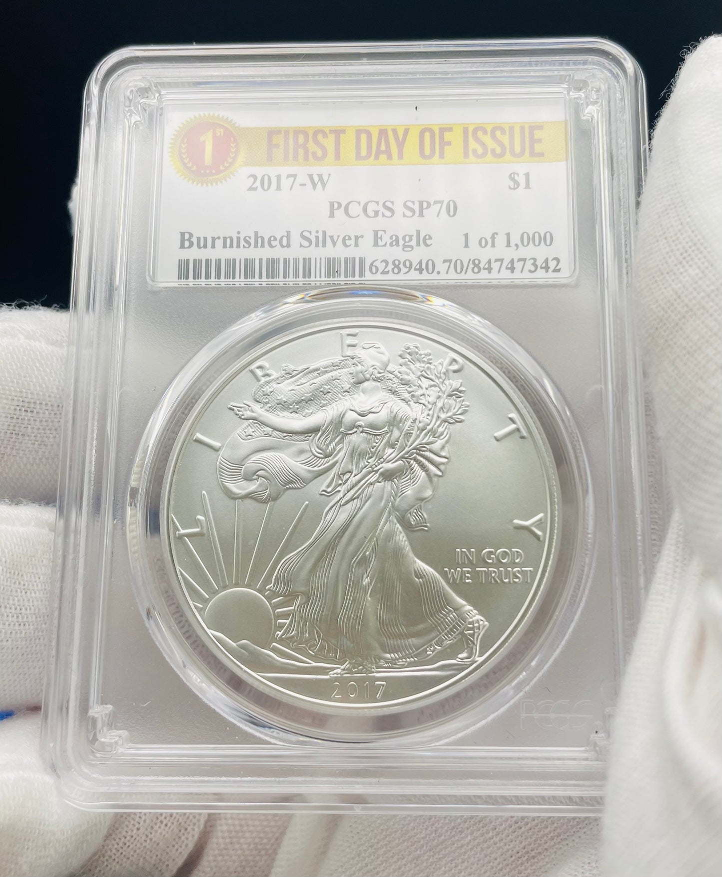 Burnished 2017 (W) $1 American Silver Eagle PCGS SP70 First Day of Issue Rare Label Mint Condition (1 of 1,000)