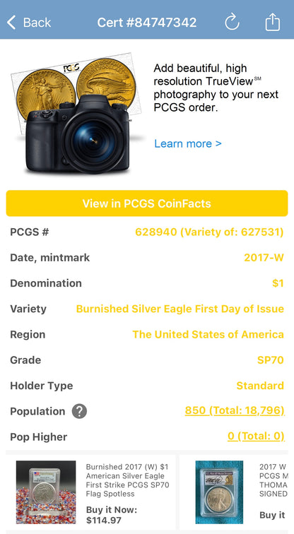 Burnished 2017 (W) $1 American Silver Eagle PCGS SP70 First Day of Issue Rare Label Mint Condition (1 of 1,000)