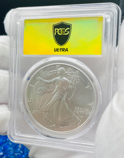 Burnished 2024 (W) $1 American Silver Eagle PCGS SP70 Ultra Breaks Gold Rush Gold Foil Label Mint Condition (1 of 150)