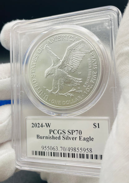 Burnished 2024 (W) $1 American Silver Eagle PCGS SP70 Ultra Breaks Gold Rush Gold Foil Label Mint Condition (1 of 150)