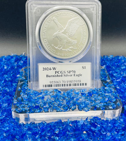 Burnished 2024 (W) $1 American Silver Eagle PCGS SP70 Ultra Breaks Gold Rush Gold Foil Label Mint Condition (1 of 150)
